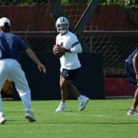 Sep 25, 2026; Rio de Janeiro, Brazil; Dallas Cowboys quarterback Dak Prescott (4) throws the ball during practice at the Clube de Regatas do Flamengo training ground.