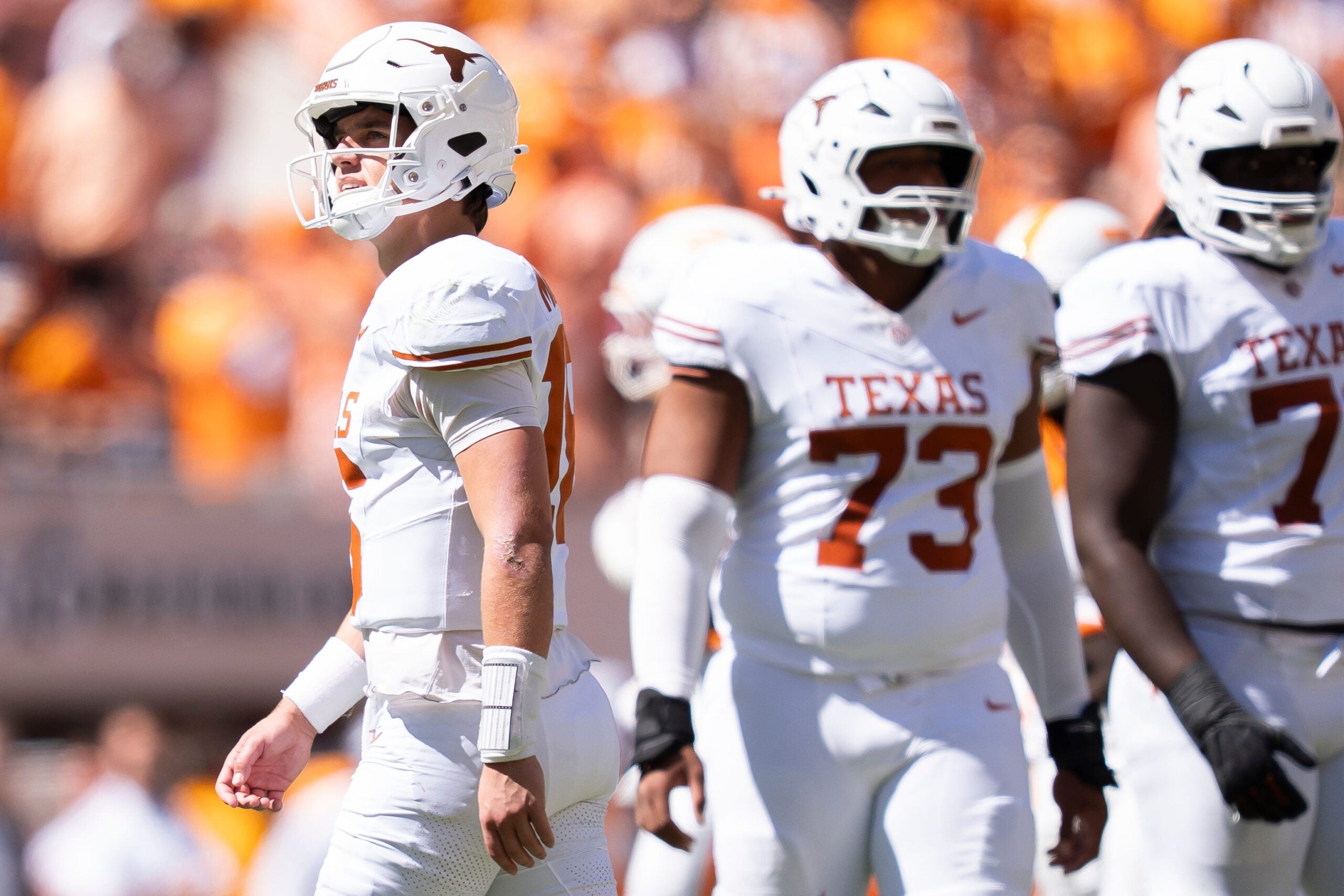Sep 26, 2026; Knoxville, Tennessee, USA; Texas quarterback Arch Manning (16) during a college football game between Tennessee and Texas at Neyland Stadium in Knoxville, Tenn. on Sept. 26, 2026.