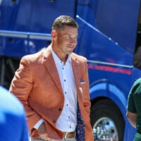 Florida head coach Jon Sumrall gets off the buss during gator walk before an NCAA football game against Mississippi at Steve Spurrier Field at Ben Hill Griffin Stadium in Gainesville, FL on Saturday, September 26, 2026.