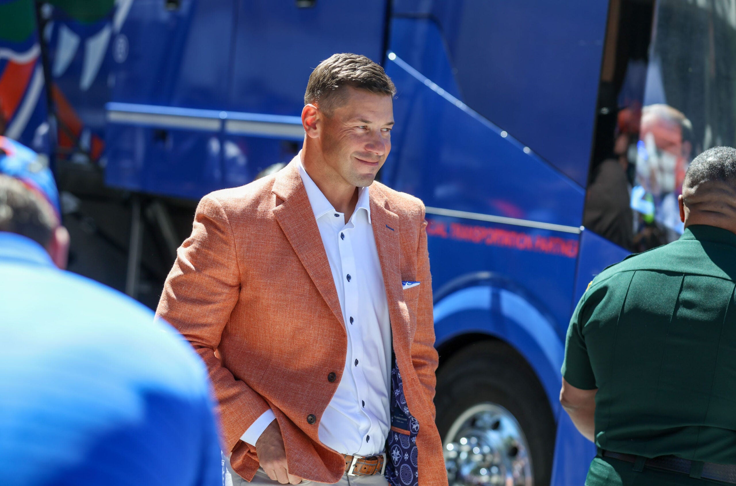 Florida head coach Jon Sumrall gets off the buss during gator walk before an NCAA football game against Mississippi at Steve Spurrier Field at Ben Hill Griffin Stadium in Gainesville, FL on Saturday, September 26, 2026.