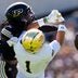 Purdue defensive back John Slaughter, left, interrupts a pass intended for Notre Dame wide receiver Jaden Greathouse (1) during a NCAA football game at Ross-Ade Stadium on Saturday, Sept. 26, 2026, in West Lafayette.