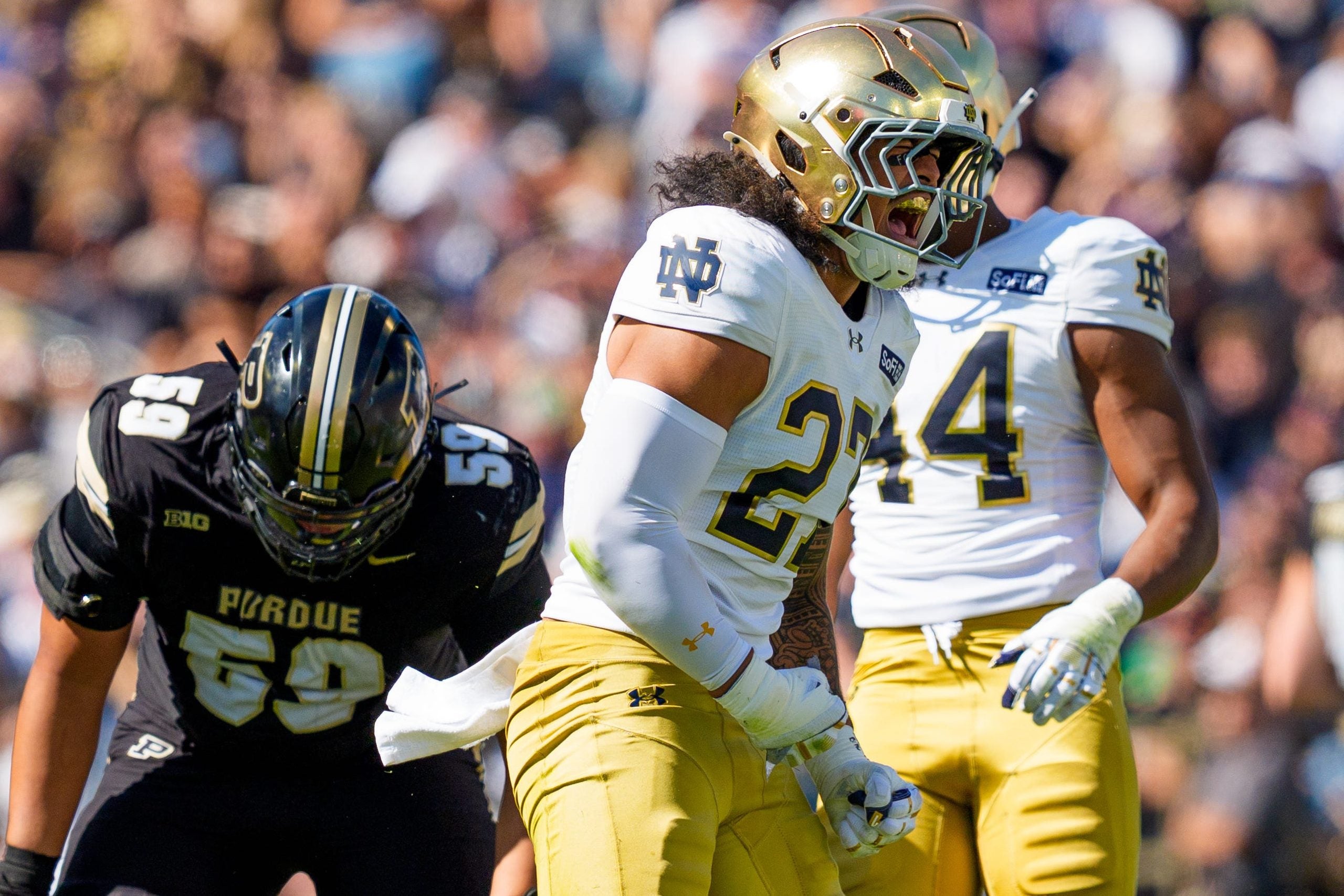 Notre Dame linebacker Kyngstonn Viliamu-Asa (27) celebrates after getting a stop during a NCAA football game against Purdue at Ross-Ade Stadium on Saturday, Sept. 26, 2026, in West Lafayette.