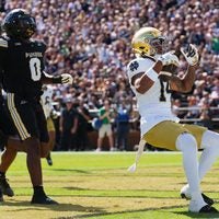 Notre Dame wide receiver Micah Gilbert (14) scores a touchdown during a NCAA football game against Purdue at Ross-Ade Stadium on Saturday, Sept. 26, 2026, in West Lafayette.
