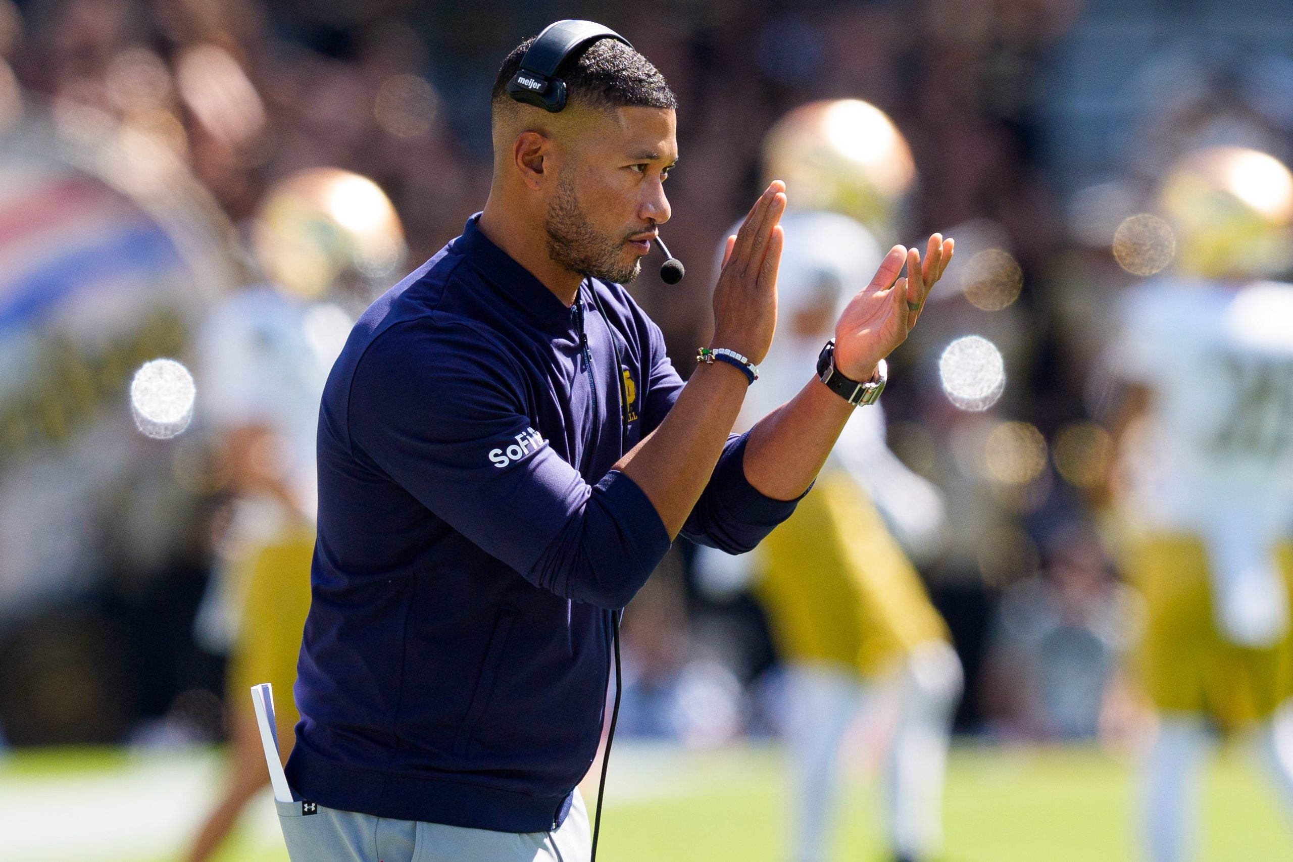 Notre Dame head coach Marcus Freeman celebrates after a touchdown during a NCAA football game against Purdue at Ross-Ade Stadium on Saturday, Sept. 26, 2026, in West Lafayette.