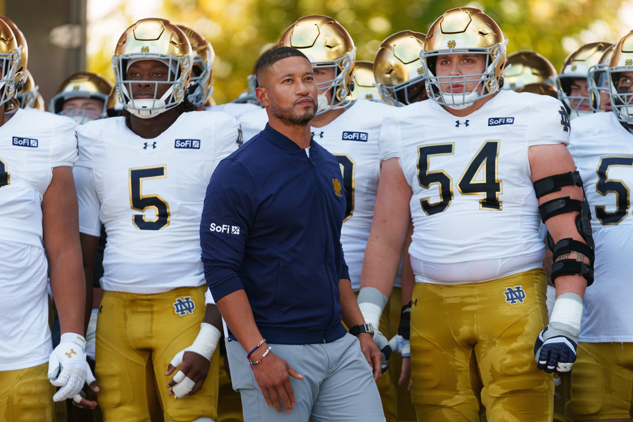 Notre Dame head coach Marcus Freeman waits to lead his team onto the field before a NCAA football game between Notre Dame and Purdue at Ross-Ade Stadium on Saturday, Sept. 26, 2026, in West Lafayette.