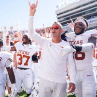 Texas coach Steve Sarkisian sings “The Eyes of Texas” with his team after a college football game between Tennessee and Texas at Neyland Stadium in Knoxville, Tenn. on Sept. 26, 2026.