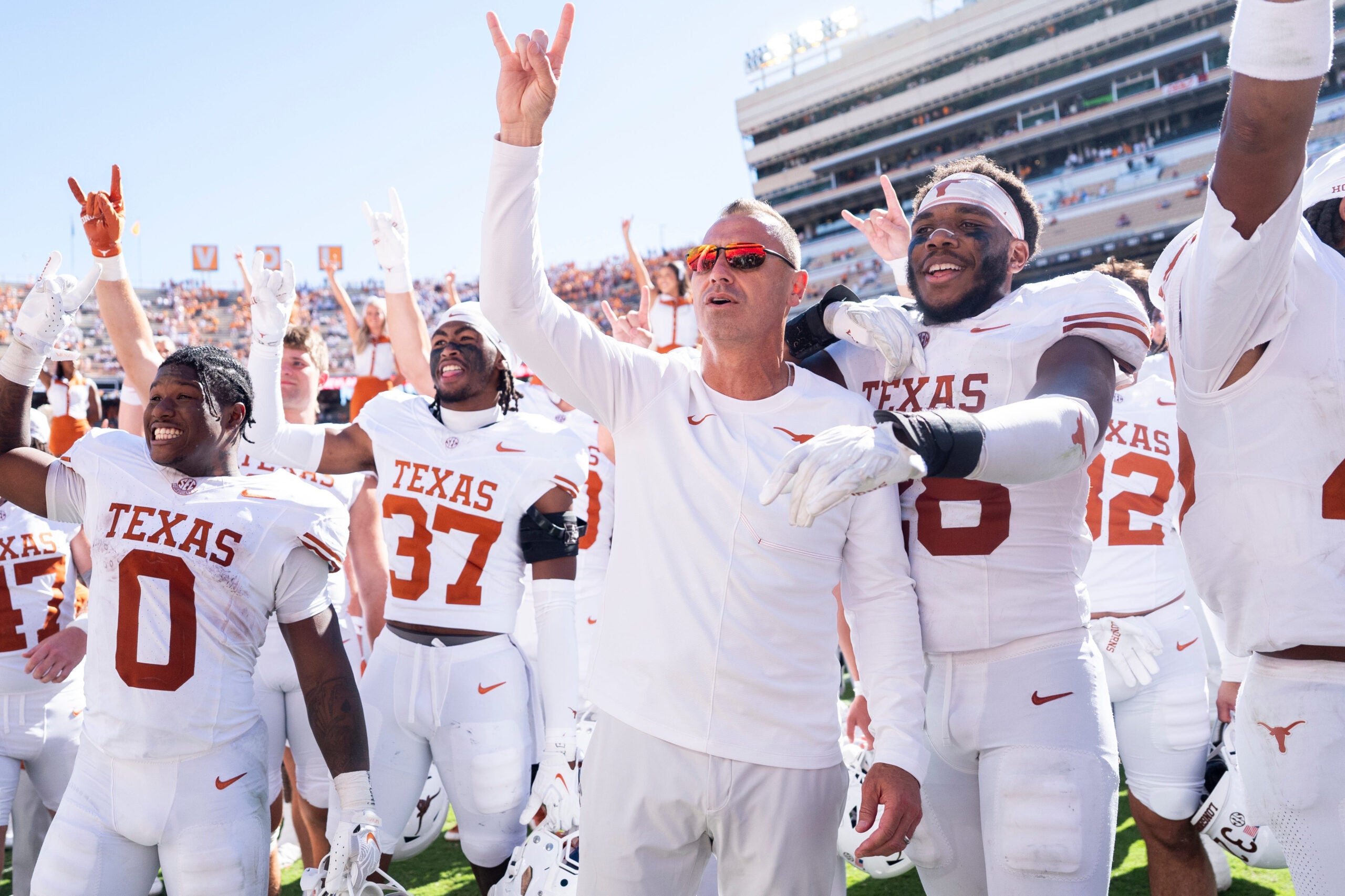 Texas coach Steve Sarkisian sings “The Eyes of Texas” with his team after a college football game between Tennessee and Texas at Neyland Stadium in Knoxville, Tenn. on Sept. 26, 2026.