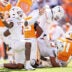 Texas defensive lineman Colin Simmons (1) celebrates after a sack of Tennessee quarterback Faizon Brandon (11) during their game at Neyland Stadium in Knoxville, Tenn. on Sept. 26, 2026.