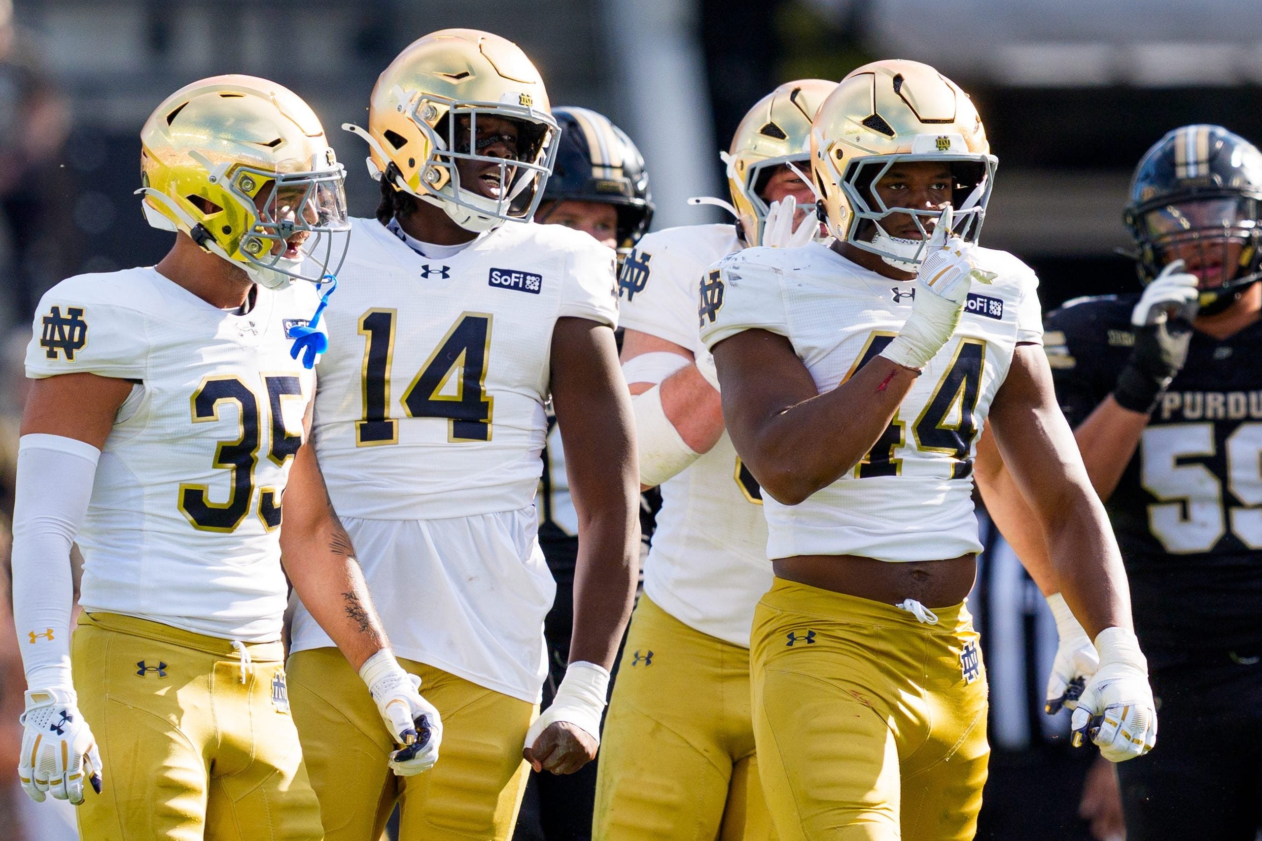 Notre Dame defensive lineman Rodney Dunham (44) celebrates after getting a sack during a NCAA football game against Purdue at Ross-Ade Stadium on Saturday, Sept. 26, 2026, in West Lafayette.