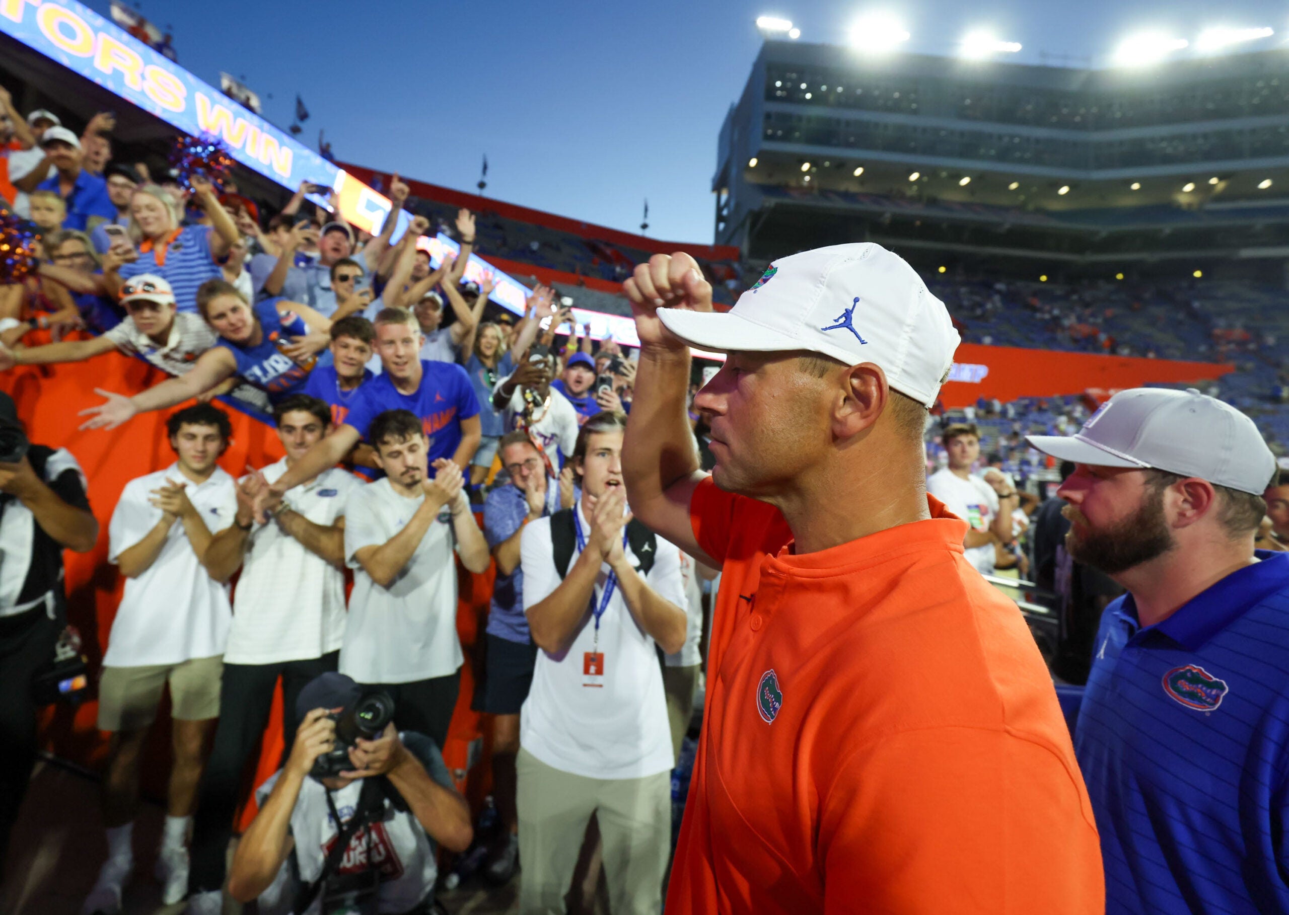 Florida head coach Jon Sumrall reacts to fans after Florida beat Ole Miss 52-28 after the second half an NCAA football game against Mississippi at Steve Spurrier Field at Ben Hill Griffin Stadium in Gainesville, FL on Saturday, September 26, 2026.