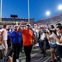 Sep 26, 2026; Gainesville, Florida, USA; Florida Gators head coach Jon Sumrall gestures toward the crowd after a game against the Mississippi Rebels at Ben Hill Griffin Stadium.