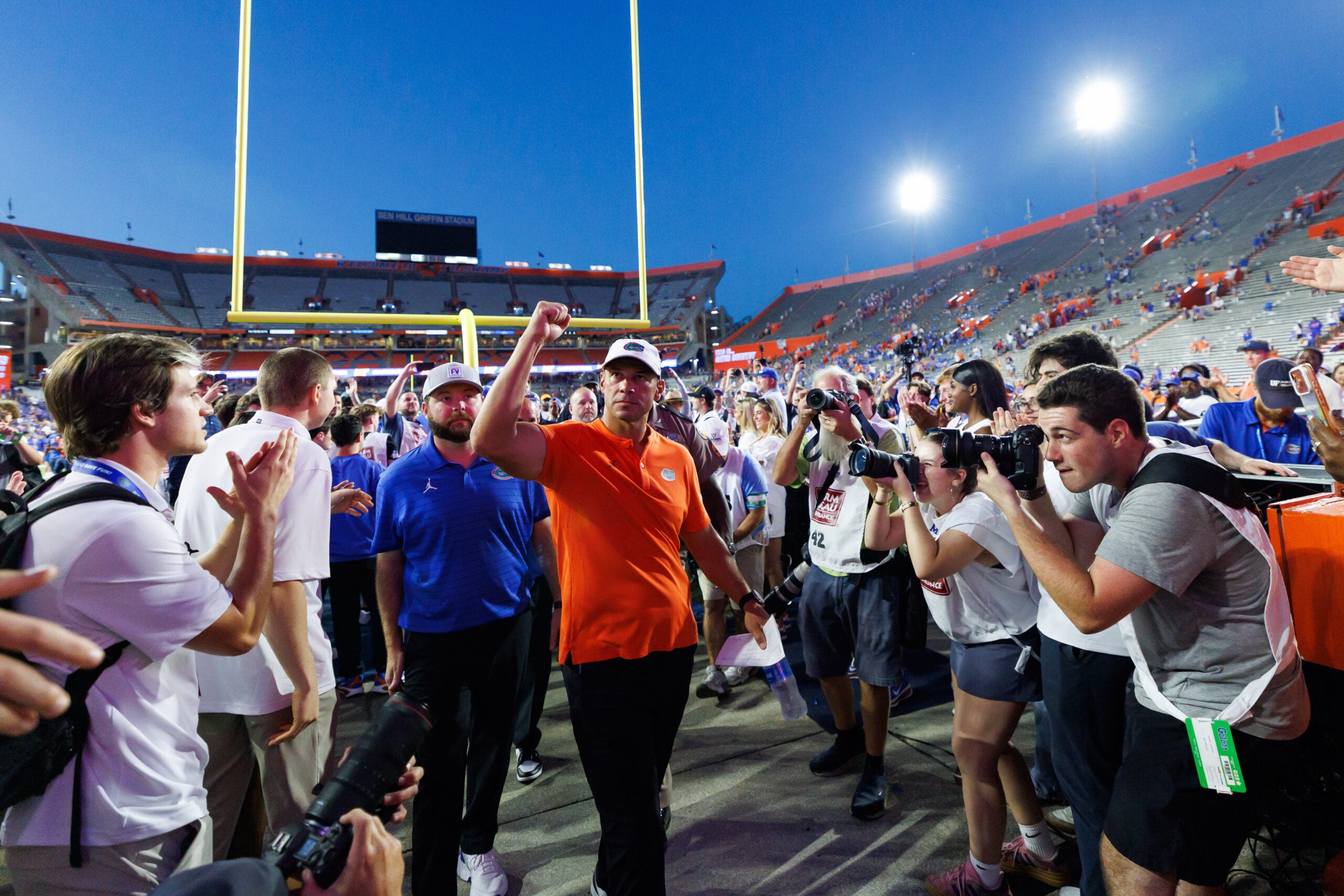 Sep 26, 2026; Gainesville, Florida, USA; Florida Gators head coach Jon Sumrall gestures toward the crowd after a game against the Mississippi Rebels at Ben Hill Griffin Stadium.