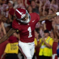 Sep 26, 2026; Tuscaloosa, AL, USA; Alabama wide receiver Ryan Coleman-Williams (1) celebrates after scoring his second touchdown against South Carolina at Saban Field at Bryant Denny Stadium.