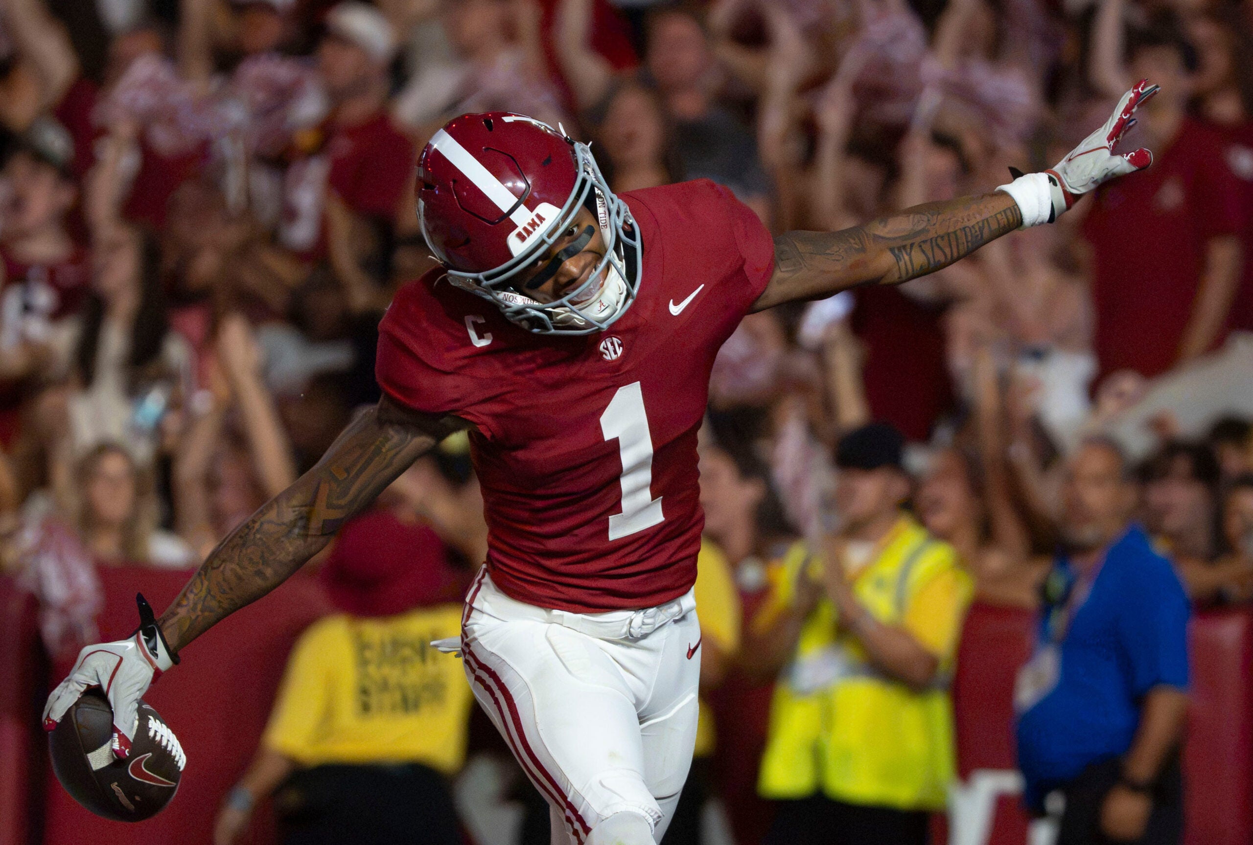 Sep 26, 2026; Tuscaloosa, AL, USA; Alabama wide receiver Ryan Coleman-Williams (1) celebrates after scoring his second touchdown against South Carolina at Saban Field at Bryant Denny Stadium.