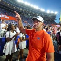Florida head coach Jon Sumrall reacts to fans after Florida beat Ole Miss 52-28 after the second half an NCAA football game against Mississippi at Steve Spurrier Field at Ben Hill Griffin Stadium in Gainesville, FL on Saturday, September 26, 2026.