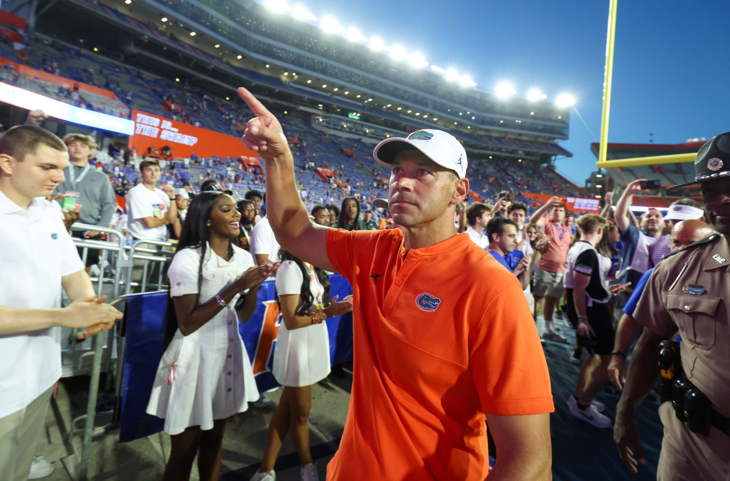 Florida head coach Jon Sumrall reacts to fans after Florida beat Ole Miss 52-28 after the second half an NCAA football game against Mississippi at Steve Spurrier Field at Ben Hill Griffin Stadium in Gainesville, FL on Saturday, September 26, 2026.