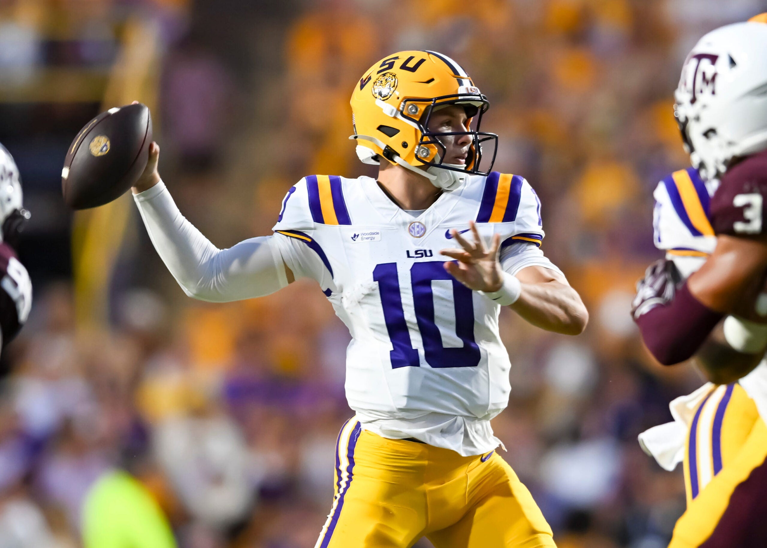 Tigers Quarterback Sam Leavitt 10, The LSU Tigers take on the Texas A&M Aggies. September 19, 2026; Baton Rouge, LA, USA; at Tiger Stadium.