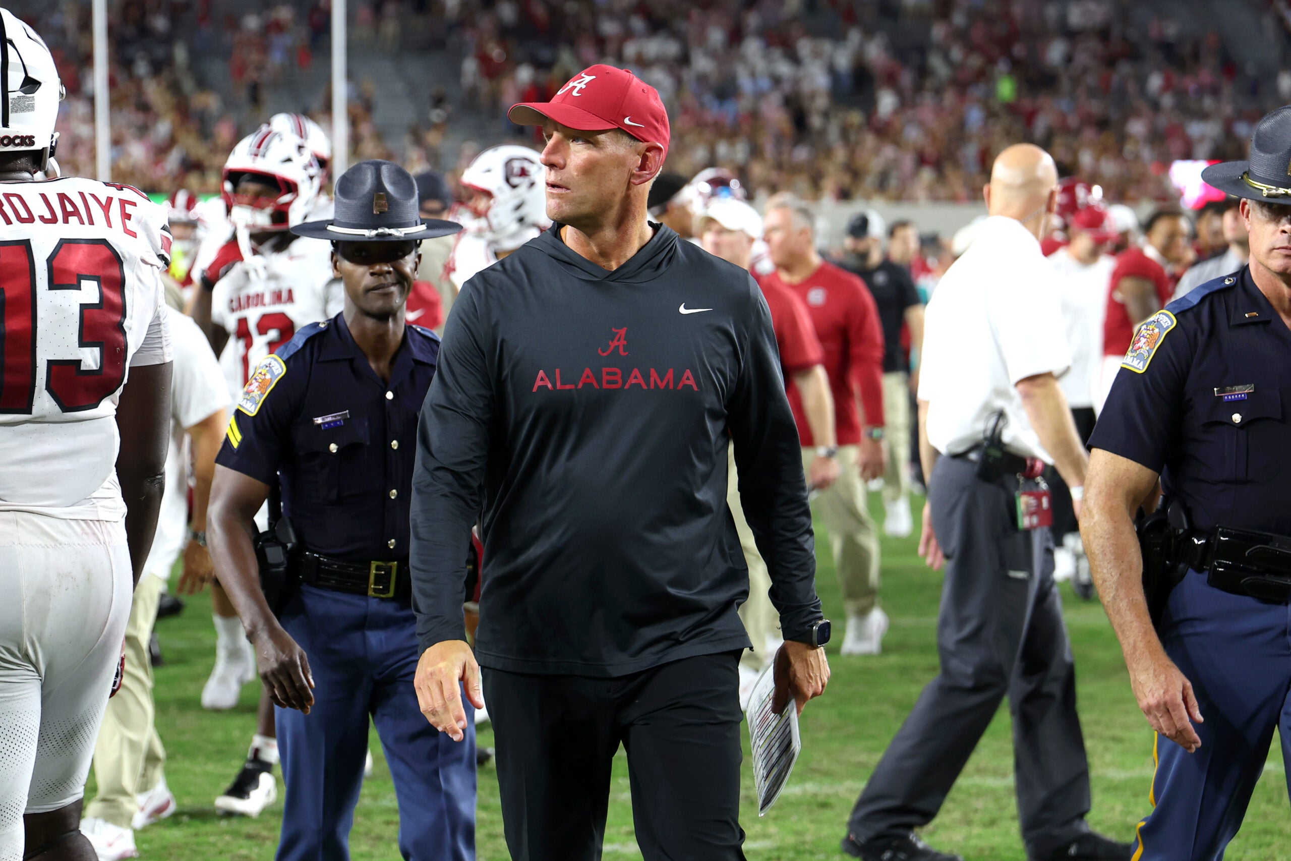 Sep 26, 2026; Tuscaloosa, Alabama, USA; Alabama Crimson Tide head coach Kalen DeBoer walks off the field after a victory against the South Carolina Gamecocks at Saban Field at Bryant-Denny Stadium.