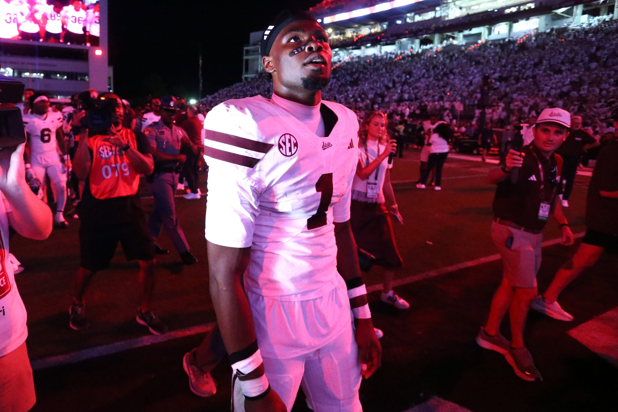 Sep 26, 2026; Starkville, Mississippi, USA; Mississippi State Bulldogs quarterback Kamario Taylor (1) looks toward the student section after defeating the Missouri Tigers at Davis Wade Stadium at Scott Field.