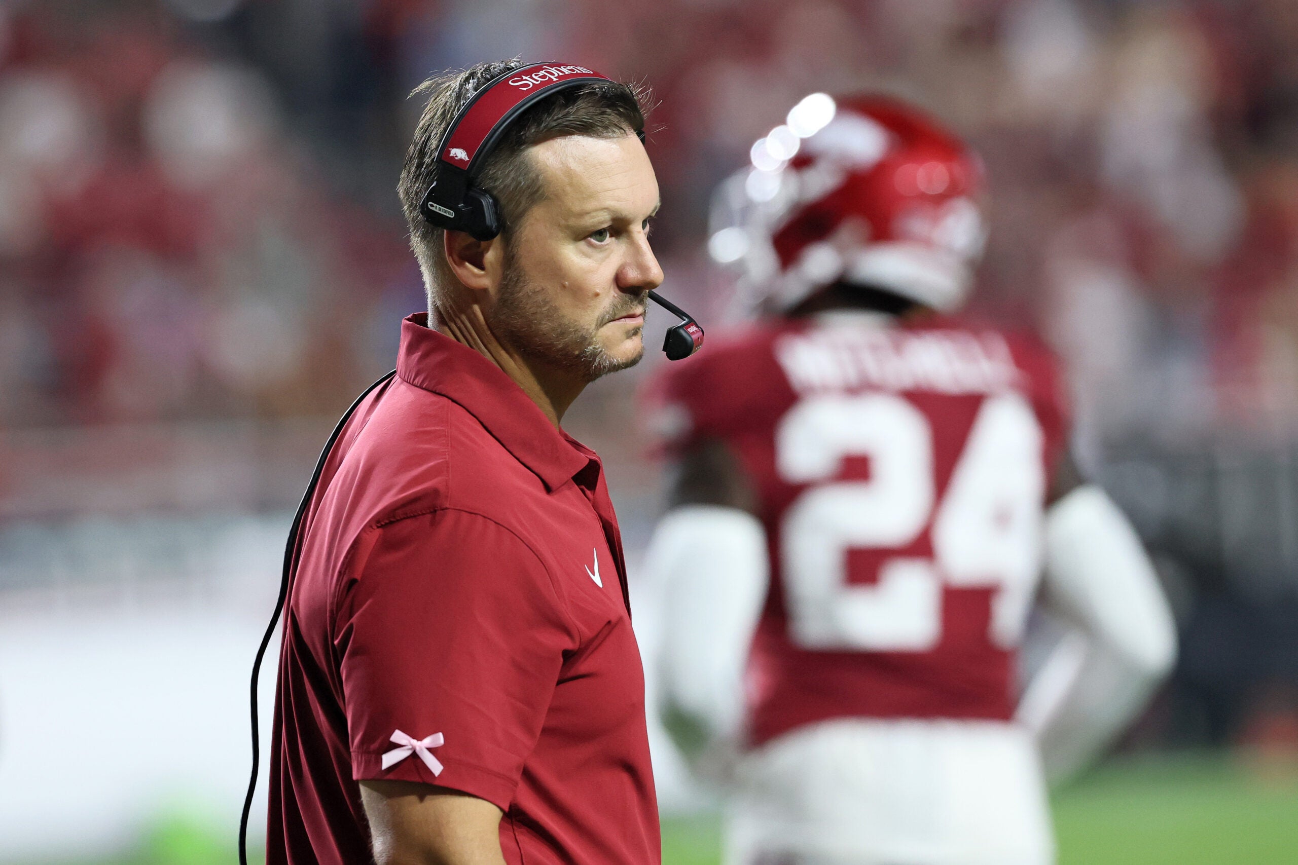 Sep 26, 2026; Fayetteville, Arkansas, USA; Arkansas Razorbacks head coach Ryan Silverfield during the third quarter against the Tulsa Golden Hurricanes at Donald W. Reynolds Razorback Stadium. Mandatory Credit: Nelson Chenault-Imagn Images