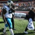 Sep 27, 2026; Cleveland, Ohio, USA; Carolina Panthers guard Damien Lewis (68) walks off the field with medical staff during the first half Cleveland Browns at Huntington Bank Field.