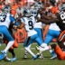 Sep 27, 2026; Cleveland, Ohio, USA; Carolina Panthers quarterback Bryce Young (9) passes the ball under pressure from Cleveland Browns defensive tackle Maliek Collins (96) during the second quarter at Huntington Bank Field.