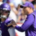 Sep 27, 2026; Tampa, Florida, USA; Minnesota Vikings head coach Kevin O'Connell greets quarterback J.J. McCarthy (9) during warmups prior to the game against the Tampa Bay Buccaneers at Raymond James Stadium.