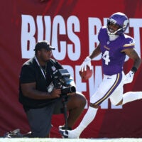 Sep 27, 2026; Tampa, Florida, USA; Minnesota Vikings wide receiver Myles Price (4) celebrates after returning a punt for a touchdown against the Tampa Bay Buccaneers during the first quarter at Raymond James Stadium.