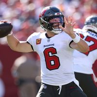 Sep 27, 2026; Tampa, Florida, USA; Tampa Bay Buccaneers quarterback Baker Mayfield (6) passes the ball against the Minnesota Vikings during the first quarter at Raymond James Stadium.