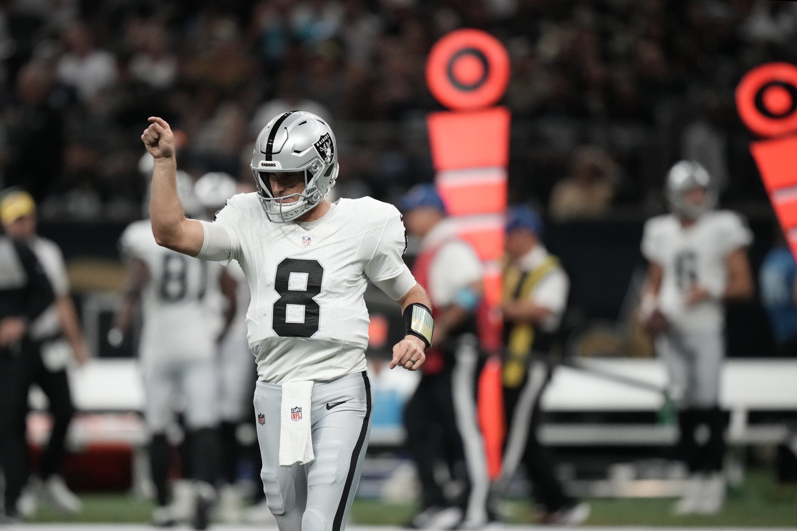 Sep 27, 2026; New Orleans, Louisiana, USA; Las Vegas Raiders quarterback Kirk Cousins (8) looks on in the first quarter against the New Orleans Saints at Caesars Superdome.