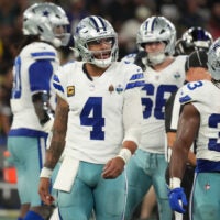 Sep 27, 2026; Rio De Janeiro, BRA; Dallas Cowboys quarterback Dak Prescott (4) looks on during the game against the Baltimore Ravens at Maracana Stadium.