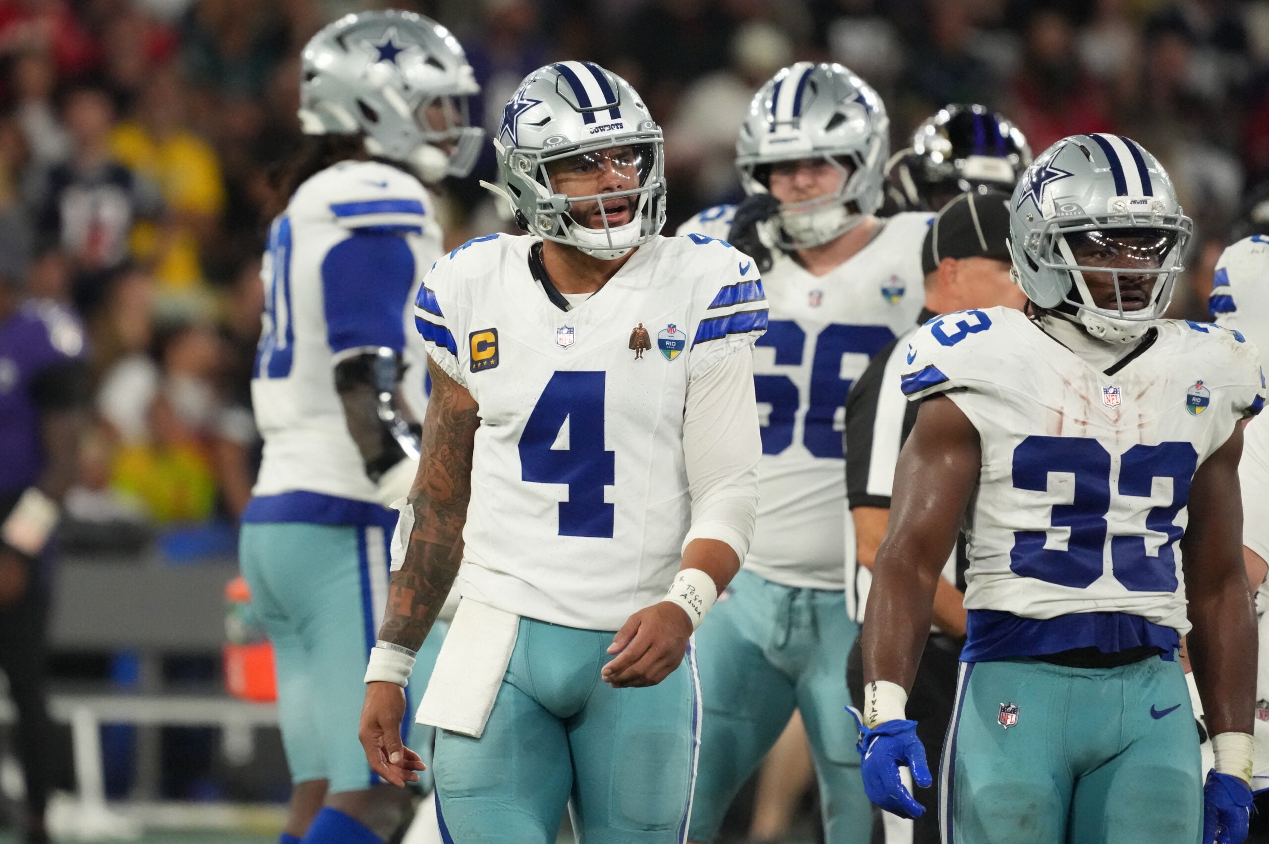 Sep 27, 2026; Rio De Janeiro, BRA; Dallas Cowboys quarterback Dak Prescott (4) looks on during the game against the Baltimore Ravens at Maracana Stadium.