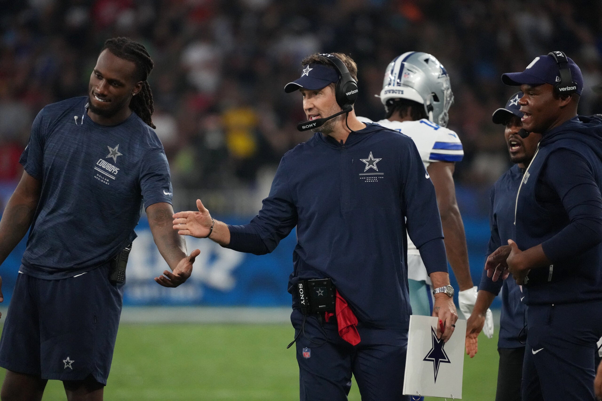 Sep 27, 2026; Rio De Janeiro, BRA; (Editors Notes: Caption Correction) Dallas Cowboys head coach Brian Schottenheimer looks on from the sidelines during the game against the Baltimore Ravens at Maracana Stadium.