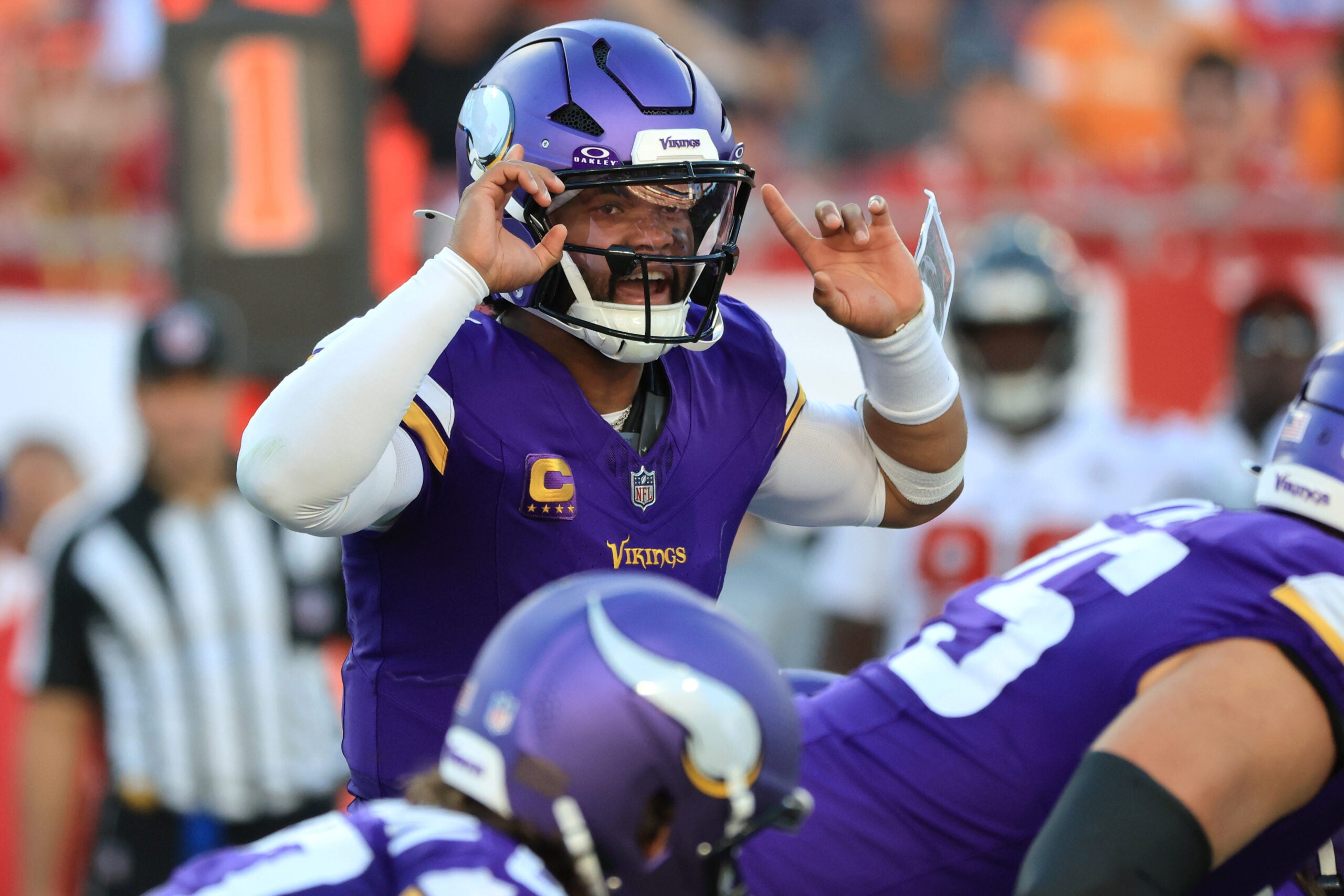 Sep 27, 2026; Tampa, Florida, USA; Minnesota Vikings quarterback Kyler Murray (1) calls a play at the line of scrimmage against the Tampa Bay Buccaneers during the third quarter at Raymond James Stadium.