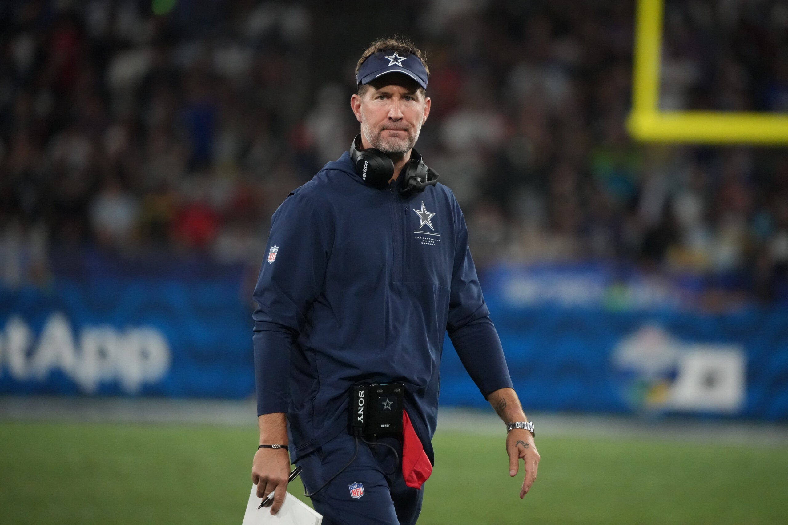 Sep 27, 2026; Rio De Janeiro, BRA; Dallas Cowboys head coach Brian Schottenheimer looks on during the game against the Baltimore Ravens at Maracana Stadium.