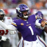 Sep 27, 2026; Tampa, Florida, USA; Minnesota Vikings quarterback Kyler Murray (1) passes the ball against the Tampa Bay Buccaneers during the second half at Raymond James Stadium.
