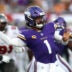 Sep 27, 2026; Tampa, Florida, USA; Minnesota Vikings quarterback Kyler Murray (1) passes the ball against the Tampa Bay Buccaneers during the second half at Raymond James Stadium.