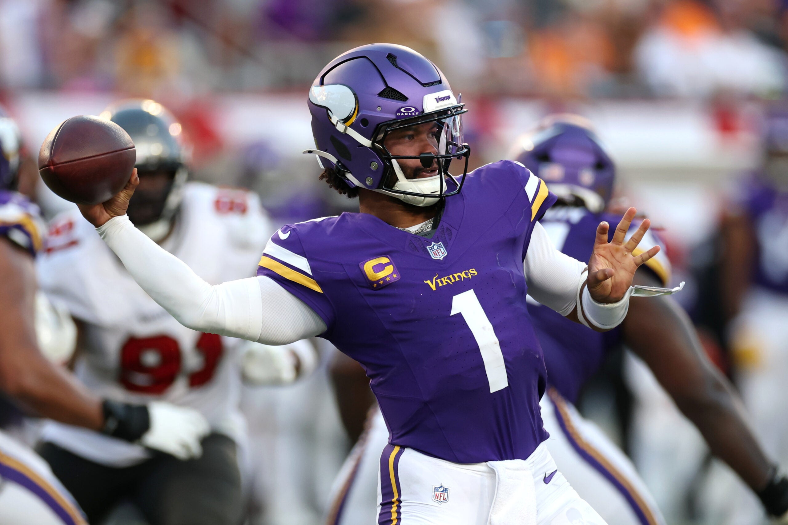 Sep 27, 2026; Tampa, Florida, USA; Minnesota Vikings quarterback Kyler Murray (1) passes the ball against the Tampa Bay Buccaneers during the second half at Raymond James Stadium.