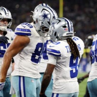 Football - NFL - Baltimore Ravens v Dallas Cowboys - Estadio Maracana, Rio de Janeiro, Brazil - September 27, 2026 Dallas Cowboys' KaVontae Turpin celebrates scoring their third touchdown with Brevyn Spann-Ford