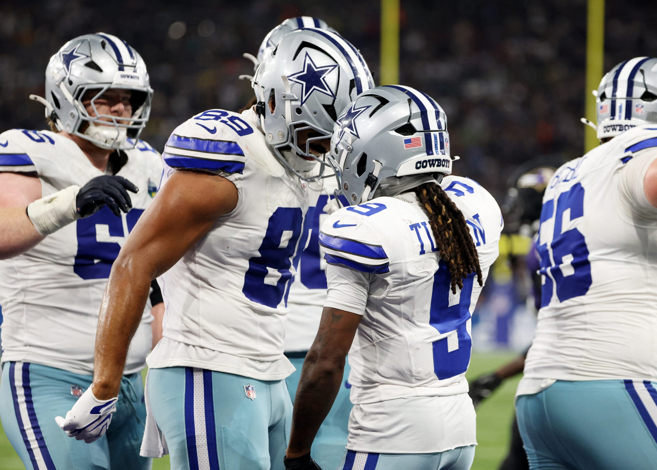 Football - NFL - Baltimore Ravens v Dallas Cowboys - Estadio Maracana, Rio de Janeiro, Brazil - September 27, 2026 Dallas Cowboys' KaVontae Turpin celebrates scoring their third touchdown with Brevyn Spann-Ford
