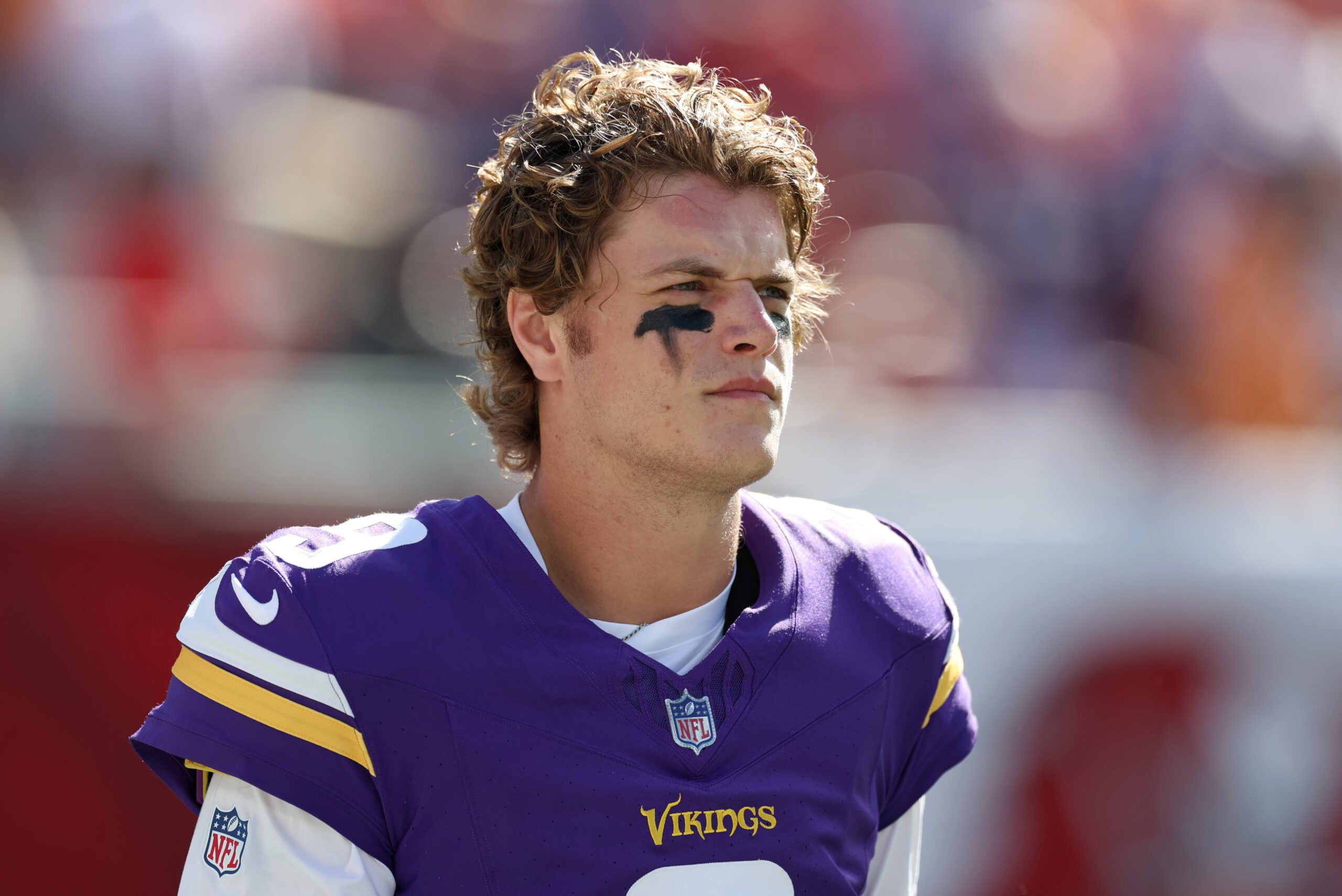 Sep 27, 2026; Tampa, Florida, USA; Minnesota Vikings quarterback J.J. McCarthy (9) looks on prior to the game against the Tampa Bay Buccaneers at Raymond James Stadium.