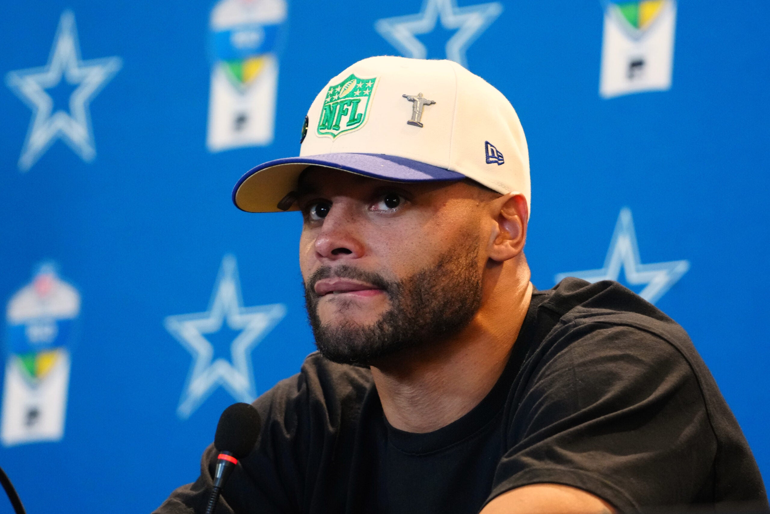 Sep 27, 2026; Rio De Janeiro, BRA; Dallas Cowboys quarterback Dak Prescott (4) speaks to the media after the game at Maracana Stadium.