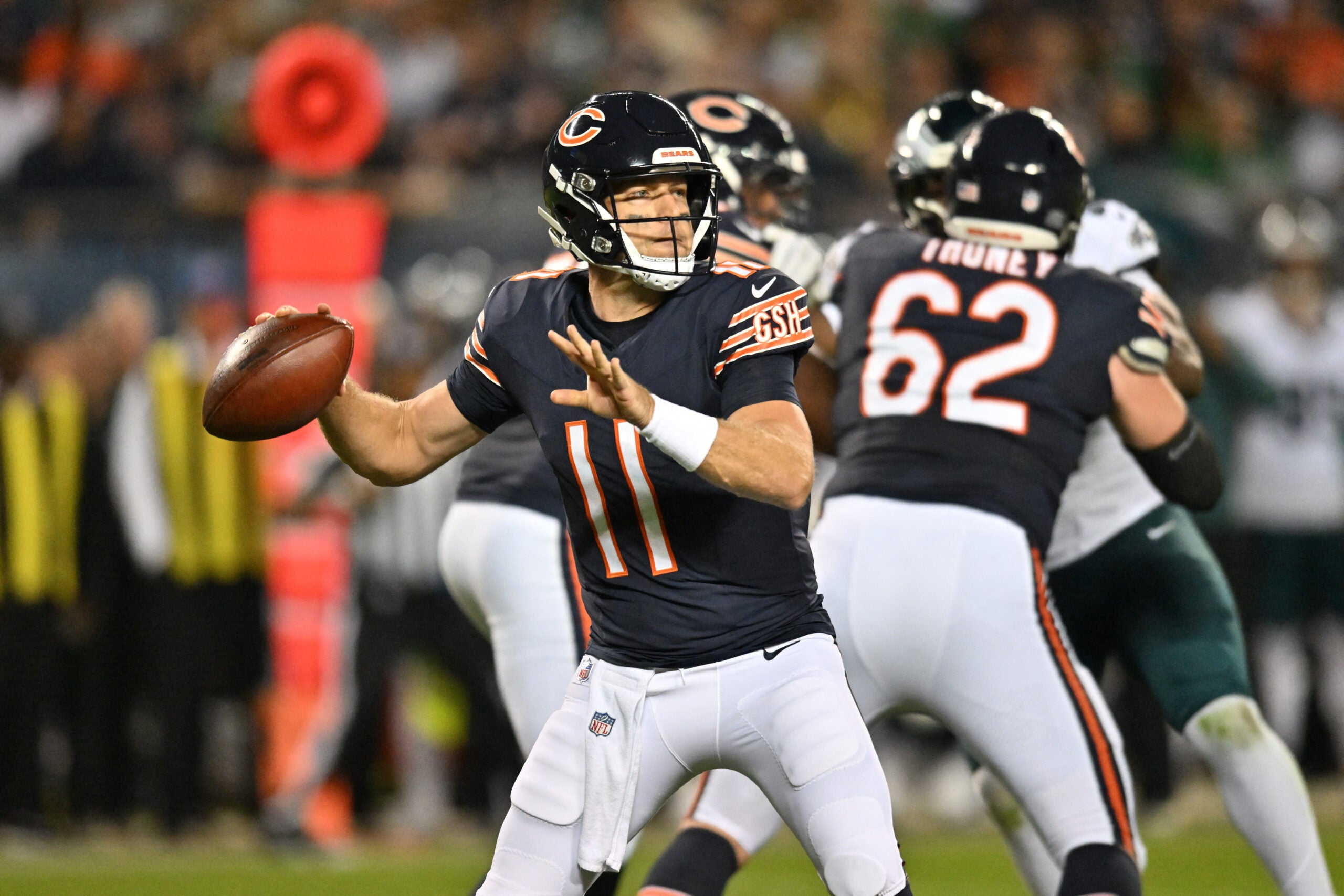 Sep 28, 2026; Chicago, Illinois, USA; Chicago Bears quarterback Case Keenum (11) passes against the Philadelphia Eagles during the first half at Soldier Field.