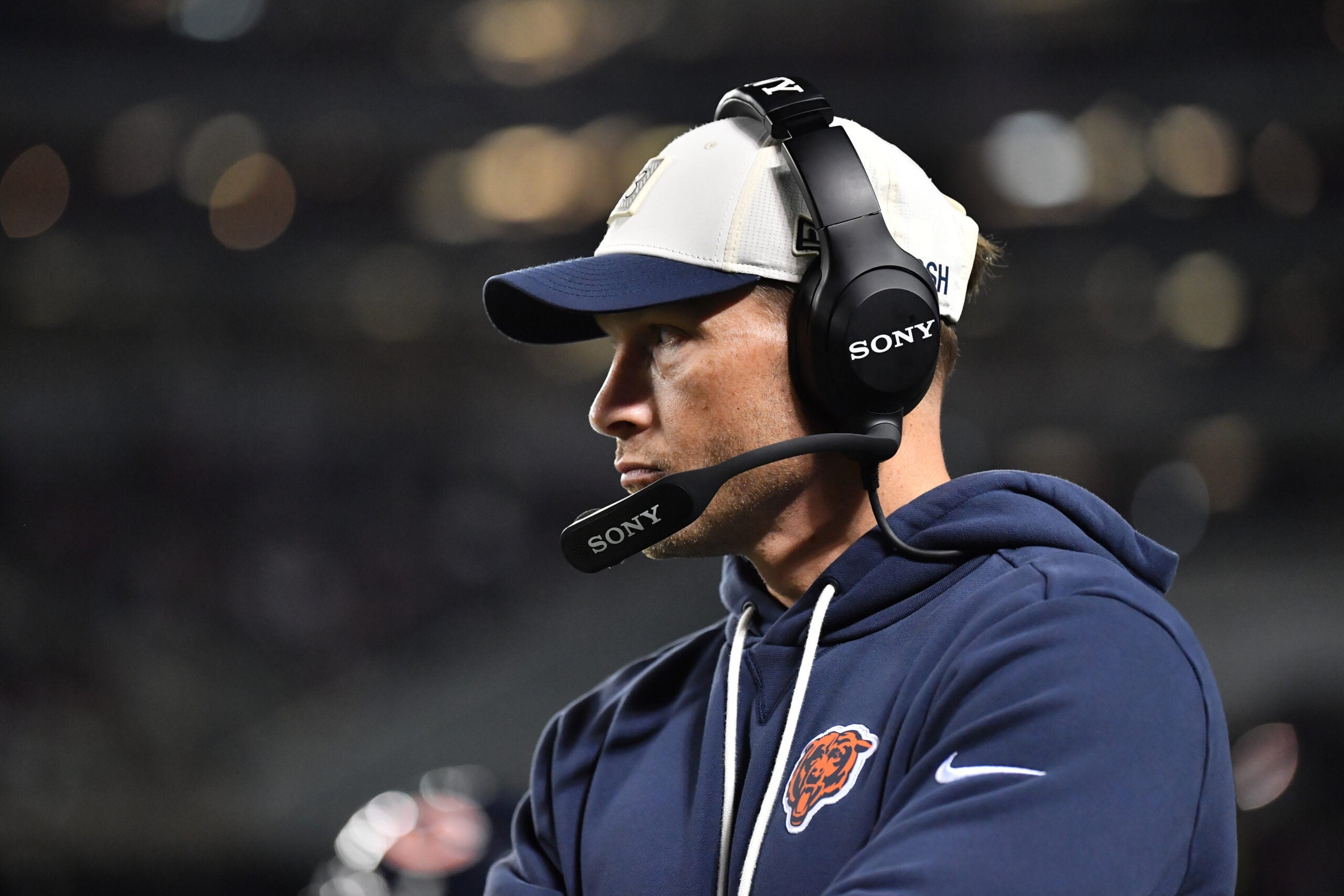 Sep 28, 2026; Chicago, Illinois, USA; Chicago Bears head coach Ben Johnson looks on during the first half against the Philadelphia Eagles at Soldier Field.