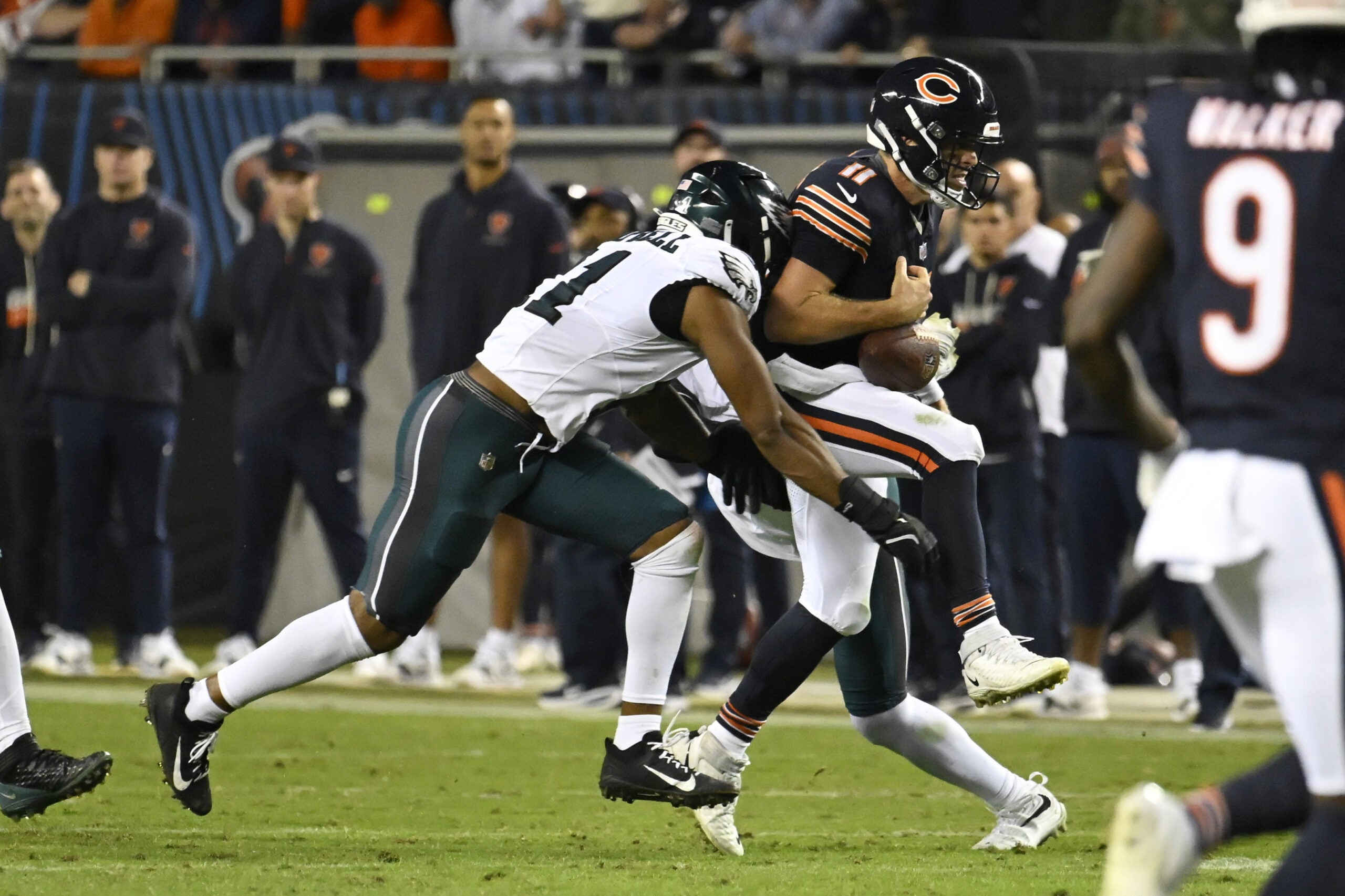 Sep 28, 2026; Chicago, Illinois, USA; Philadelphia Eagles linebacker Jihaad Campbell (11) tackles Chicago Bears quarterback Case Keenum (11) during the second half at Soldier Field.