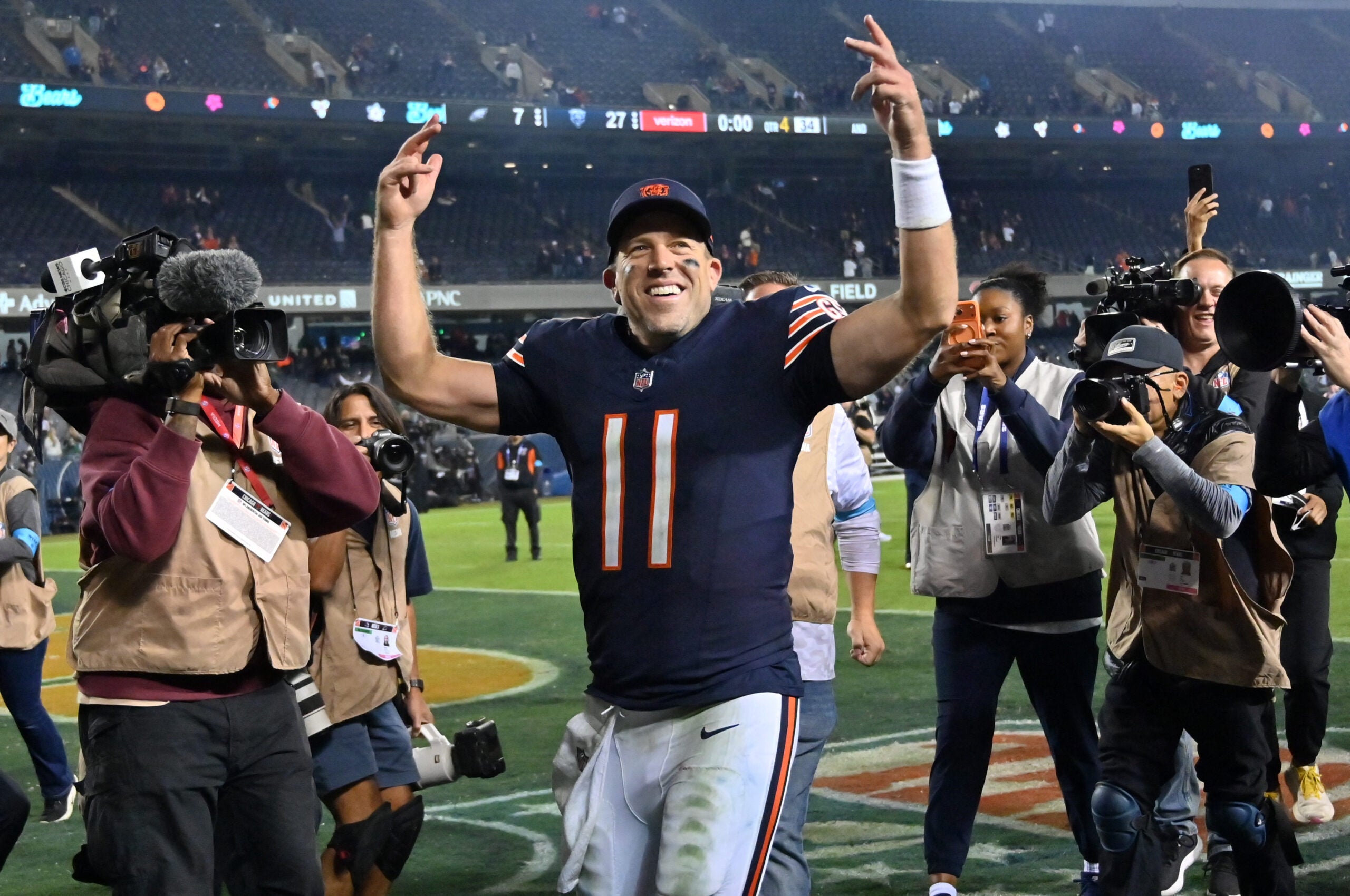 Sep 28, 2026; Chicago, Illinois, USA; Chicago Bears quarterback Case Keenum (11) celebrates after the game against the Philadelphia Eagles at Soldier Field.