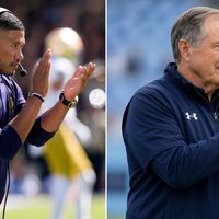 Notre Dame HC Marcus Freeman and UNC HC Bill Belichick