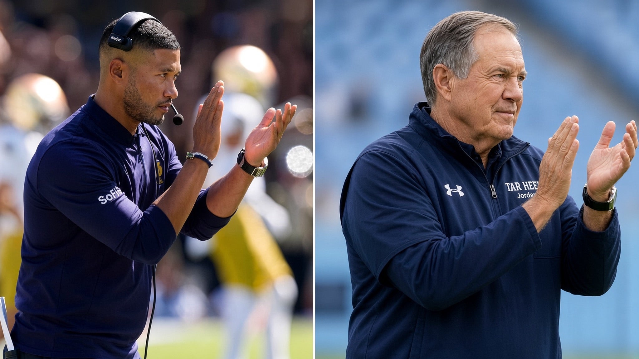 Notre Dame HC Marcus Freeman and UNC HC Bill Belichick