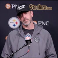 Pittsburgh Steelers quarterback Aaron Rodgers speaks to the media following 20-3 loss to New England Patriots, 9/20/26.