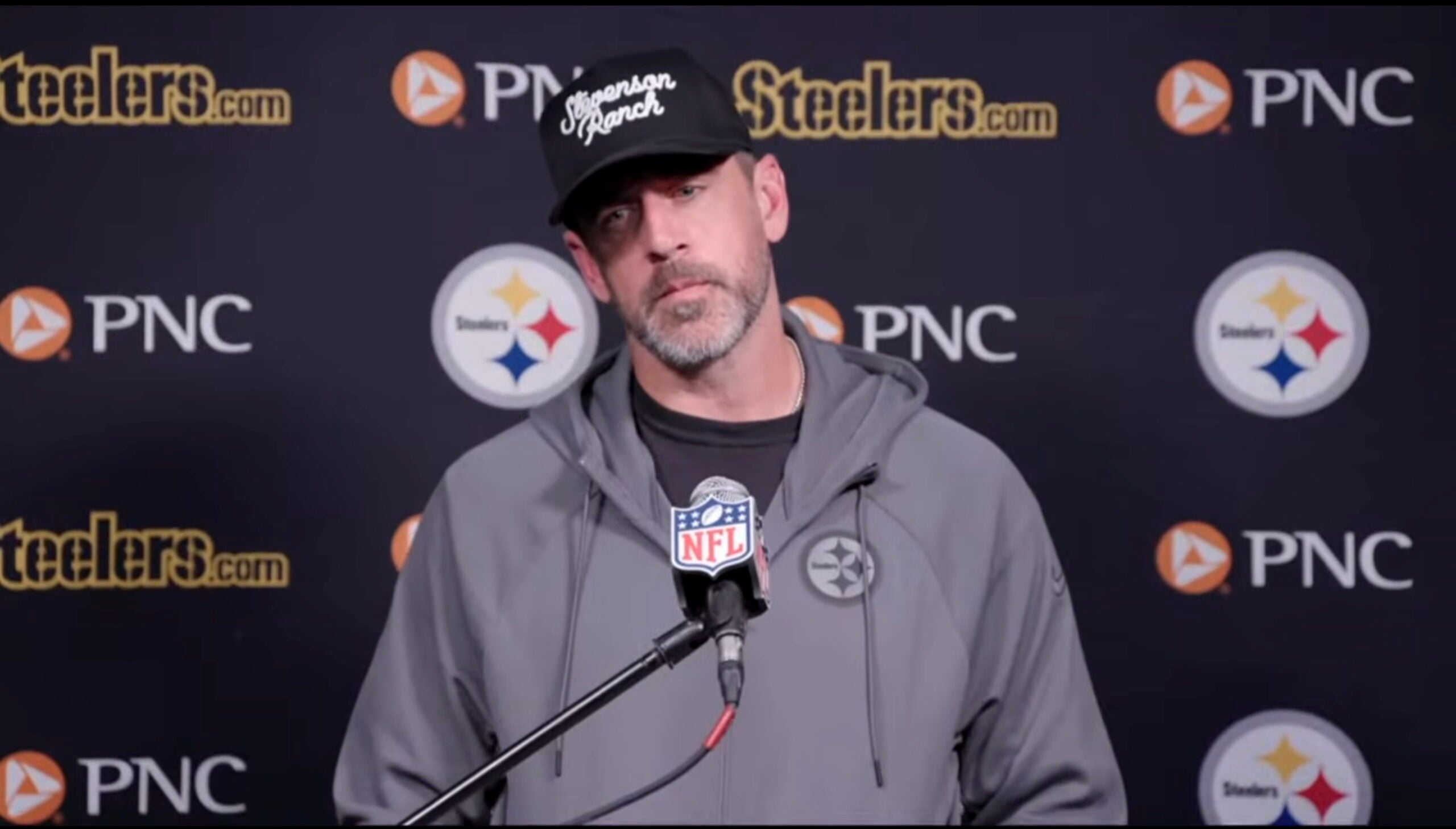 Pittsburgh Steelers quarterback Aaron Rodgers speaks to the media following 20-3 loss to New England Patriots, 9/20/26.